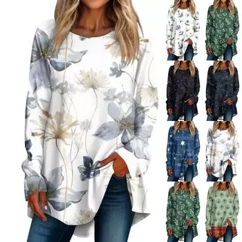 Женская повседневная футболка больших размеров с длинными рукавами и круглым вырезом с принтом, верхний пуловер M чёрный