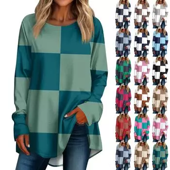 Женская повседневная футболка больших размеров с длинными рукавами и круглым вырезом, цветная футболка с верхом и пуловером XXL