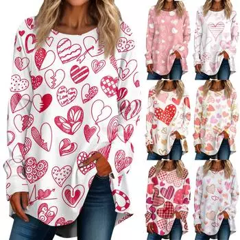 Женская повседневная футболка больших размеров с длинными рукавами и круглым вырезом, футболка с принтом на День святого Валентина, топ, пуловер M бежевый