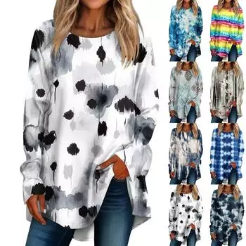 Женская повседневная футболка больших размеров с длинными рукавами и круглым вырезом с принтом, верхний пуловер XL