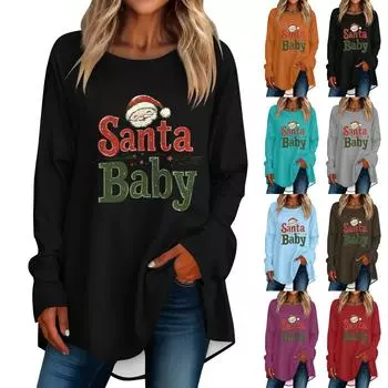 Женская повседневная футболка больших размеров с длинными рукавами и круглым принтом, верхний пуловер L