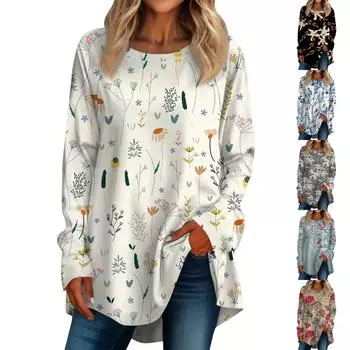 Женская повседневная футболка больших размеров с длинными рукавами и круглым принтом, топ M чёрный