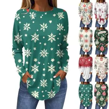 Женская повседневная футболка больших размеров с длинными рукавами и круглым вырезом с рождественским принтом L армия зеленый