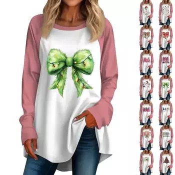 Женская повседневная футболка больших размеров с длинными рукавами и круглым вырезом с рождественским принтом, топ, пуловер L бежевый