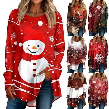 Женская повседневная футболка больших размеров с длинными рукавами и круглым принтом, верхний пуловер XXL