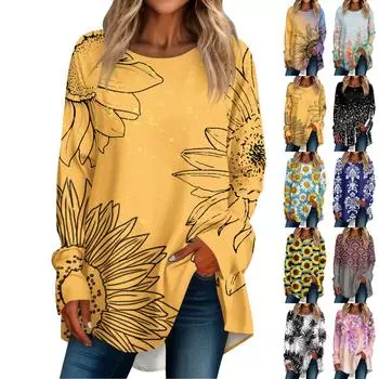 Женская повседневная футболка больших размеров с длинным рукавом и круглым вырезом в стиле ретро, пуловер XL