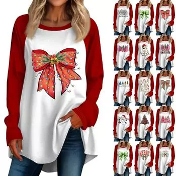 Женская повседневная футболка больших размеров с длинными рукавами и круглым вырезом с рождественским принтом, топ, пуловер L бежевый