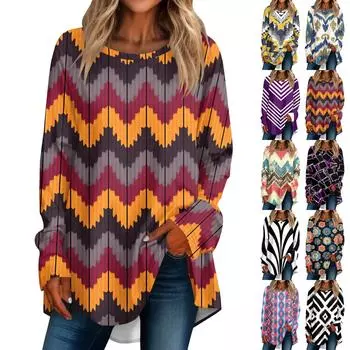 Женская повседневная футболка больших размеров с длинным рукавом и круглым вырезом в стиле ретро, пуловер L