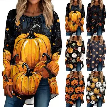 Женская повседневная футболка больших размеров с длинными рукавами и круглым вырезом, футболка с принтом на Хэллоуин, верхний пуловер S