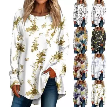 Женская повседневная футболка больших размеров с длинными рукавами и круглым вырезом с принтом, верхний пуловер M чёрный