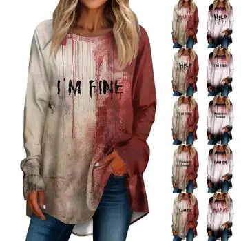 Женская повседневная футболка больших размеров с длинными рукавами и круглым принтом, верхний пуловер XXXL