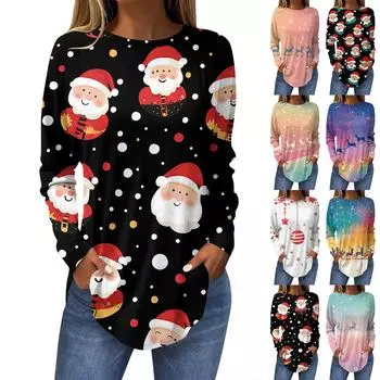 Женская повседневная футболка больших размеров с длинными рукавами и круглым вырезом с рождественским принтом L чёрный