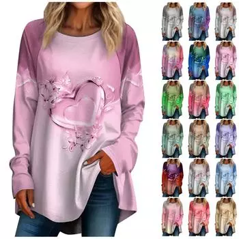 Женская повседневная футболка больших размеров с длинными рукавами и круглым вырезом, футболка с принтом на День святого Валентина, топ, пуловер XL