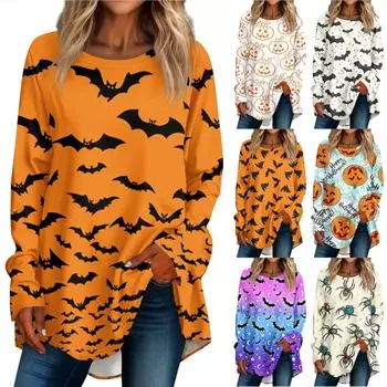 Женская повседневная футболка больших размеров с длинными рукавами и круглым вырезом, футболка с принтом на Хэллоуин, верхний пуловер XXXL