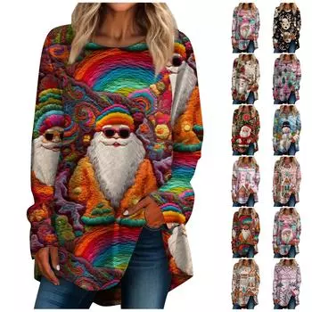 Женская повседневная футболка больших размеров с длинными рукавами и круглым вырезом с 3D рождественским принтом, топ, пуловер XXL хаки