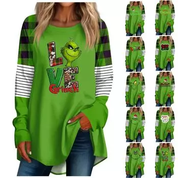 Женская повседневная футболка больших размеров с длинными рукавами и круглым вырезом с рождественским принтом, верхний пуловер XXXL