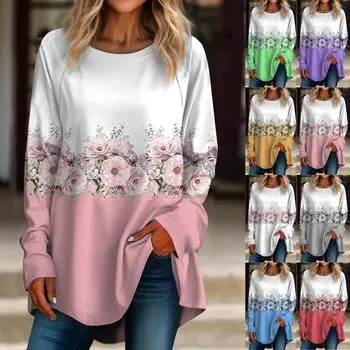 Женская повседневная футболка больших размеров с длинными рукавами и круглым вырезом с принтом в стиле ретро, топ-пуловер XL серый