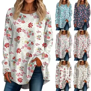 Женская повседневная футболка больших размеров с длинными рукавами и круглым принтом, верхний пуловер XL циан