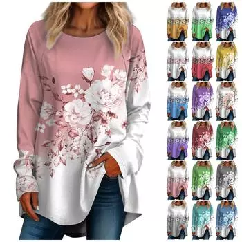 Женская повседневная футболка больших размеров с длинными рукавами и круглым вырезом с принтом в стиле ретро, топ-пуловер XXXL розовый