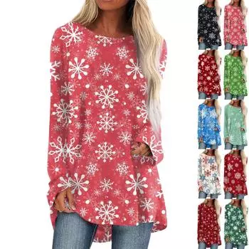 Женская повседневная футболка больших размеров с длинными рукавами и круглым вырезом с рождественским принтом, топ, пуловер S чёрный