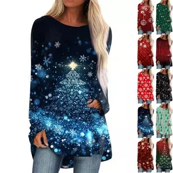 Женская повседневная футболка больших размеров с длинными рукавами и круглым вырезом с рождественским принтом, топ, пуловер S