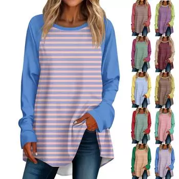 Женская повседневная футболка больших размеров с длинными рукавами и круглым вырезом с принтом, верхний пуловер L синий