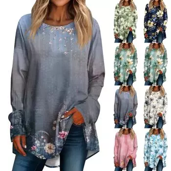 Женская повседневная футболка больших размеров с длинными рукавами и круглым принтом, верхний пуловер L темно-зеленого