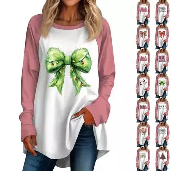 Женская повседневная футболка больших размеров с длинными рукавами и круглым вырезом с рождественским принтом, топ, пуловер S