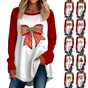 Женская повседневная футболка больших размеров с длинными рукавами и круглым вырезом с рождественским принтом, топ, пуловер L