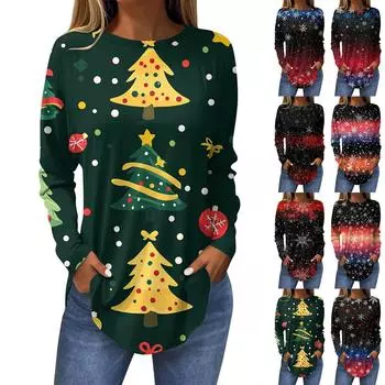 Женская повседневная футболка больших размеров с длинными рукавами и круглым вырезом с рождественским принтом XXL синий