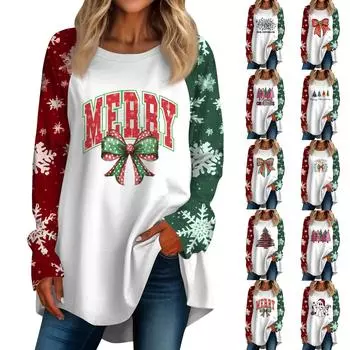Женская повседневная футболка больших размеров с длинными рукавами и круглым вырезом с рождественским принтом, топ, пуловер XXL