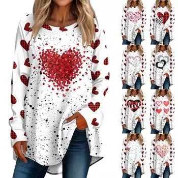 Женская повседневная футболка больших размеров с длинными рукавами и круглым вырезом, футболка с принтом на День святого Валентина, топ, пуловер XXXL киноварь