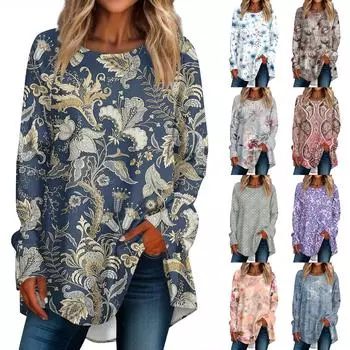 Женская повседневная футболка больших размеров с длинными рукавами и круглым принтом, верхний пуловер XXL
