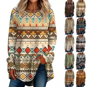 Женская повседневная футболка больших размеров с длинными рукавами и круглым вырезом в стиле ретро с принтом, верхний пуловер XXL верблюд