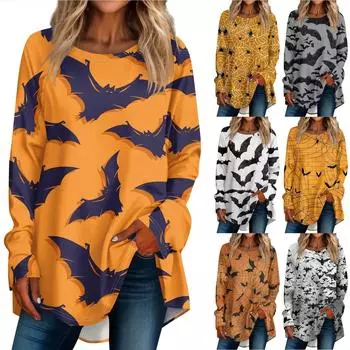 Женская повседневная футболка больших размеров с длинными рукавами и круглым вырезом, футболка с принтом на Хэллоуин, верхний пуловер XXXL оранжевый