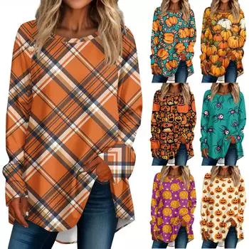 Женская повседневная футболка больших размеров с длинными рукавами и круглым вырезом, футболка с принтом на Хэллоуин, верхний пуловер S