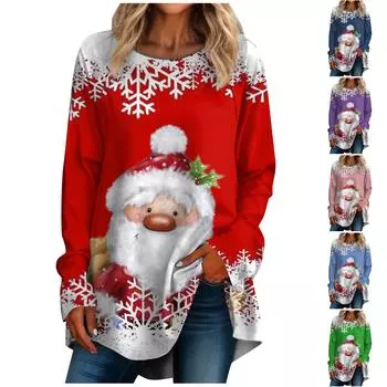 Женская повседневная футболка больших размеров с длинными рукавами и круглым вырезом с рождественским принтом, верхний пуловер XXXL зелёный