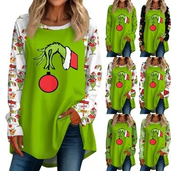 Женская повседневная футболка больших размеров с длинными рукавами и круглым вырезом с рождественским принтом, топ, пуловер XL