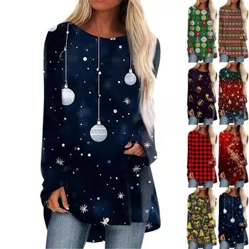 Женская повседневная футболка больших размеров с длинными рукавами и круглым вырезом с рождественским принтом, топ, пуловер S зелёный