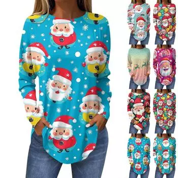 Женская повседневная футболка больших размеров с длинными рукавами и круглым вырезом с рождественским принтом L красный