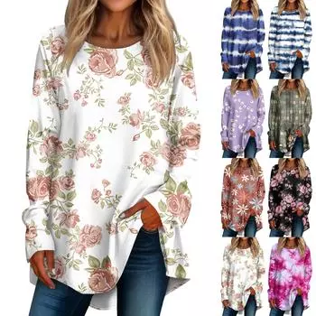 Женская повседневная футболка больших размеров с длинными рукавами и круглым вырезом с принтом, верхний пуловер XL розовый