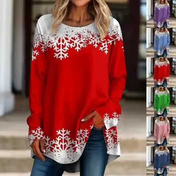 Женская повседневная футболка больших размеров с длинными рукавами и круглым вырезом с рождественским принтом, верхний пуловер XXL красный