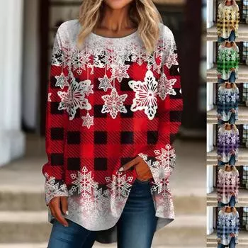 Женская повседневная футболка больших размеров с длинными рукавами и круглым вырезом, рождественская футболка в клетку со снежинками, топ, пуловер XL
