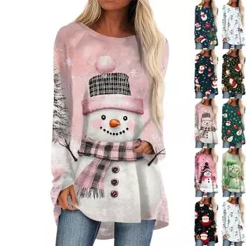 Женская повседневная футболка больших размеров с длинными рукавами и круглым вырезом с рождественским принтом, топ, пуловер L чёрный