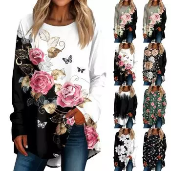 Женская повседневная футболка больших размеров с длинными рукавами и круглым принтом, верхний пуловер S белый