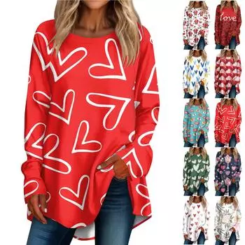 Женская повседневная футболка больших размеров с длинными рукавами и круглым вырезом, футболка с принтом на День святого Валентина, топ, пуловер S