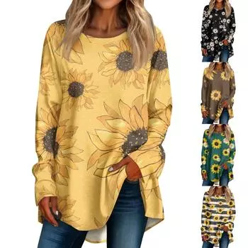 Женская повседневная футболка больших размеров с длинными рукавами и круглым принтом, верхний пуловер M серый