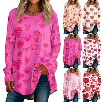 Женская повседневная футболка больших размеров с длинными рукавами и круглым вырезом, футболка с принтом на День святого Валентина, топ, пуловер XXXL