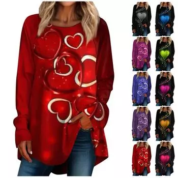 Женская повседневная футболка больших размеров с длинными рукавами и круглым вырезом, футболка с принтом на День святого Валентина, топ, пуловер M серый