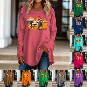 Женская повседневная футболка больших размеров с длинными рукавами и круглым вырезом в стиле ретро, пуловер S циан